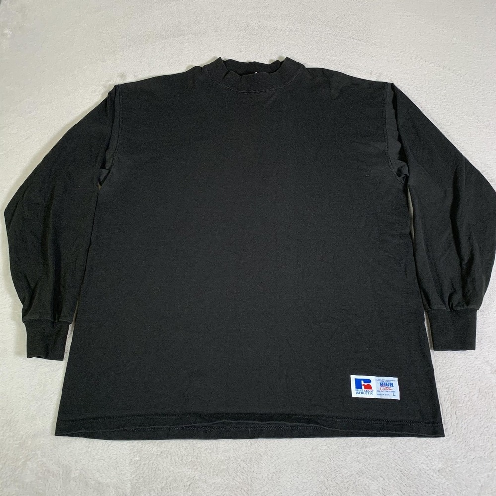 Vintage Russell Athletic Shirt Mens Large Black Mock Neck Long Sleeve Made USA